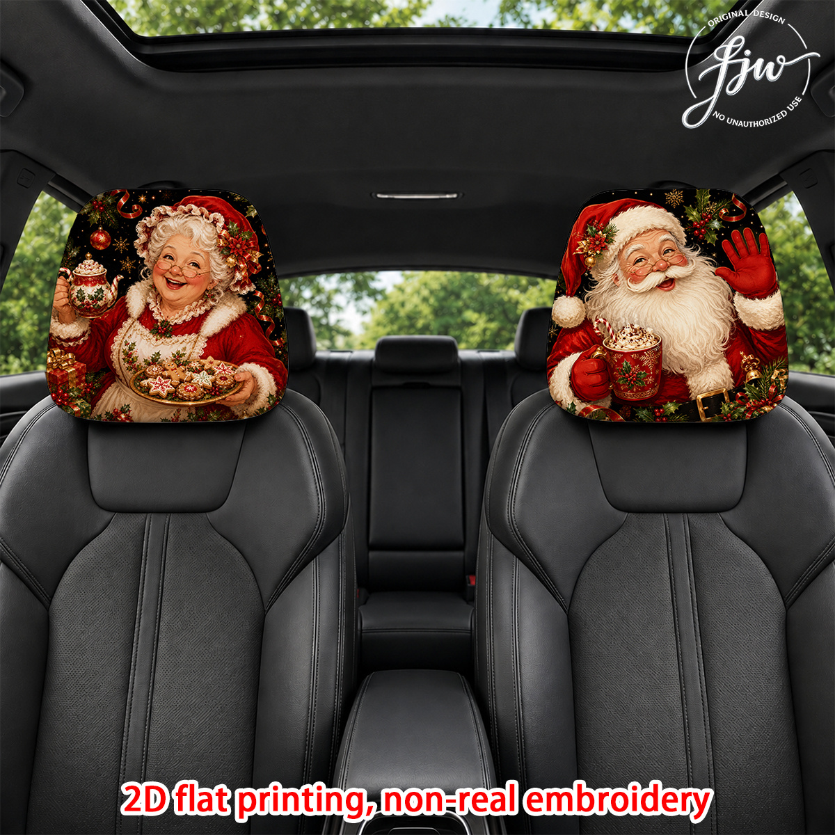 TEMU 2d Flat 2pcs Vintage Santa And Christmas Car Headrest Covers, Festive Holiday Auto Seat Head Protectors Fun Christmas Design, Flexible
