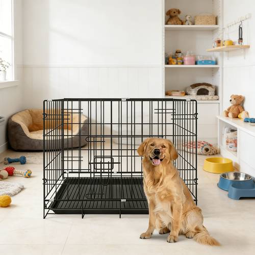 heavy duty reinforced metal folding dog cage with double lockable doors divider and leak proof tray quick assembly stackable suitable for indoor and outdoor use portable pet kennel in small medium and large sizes