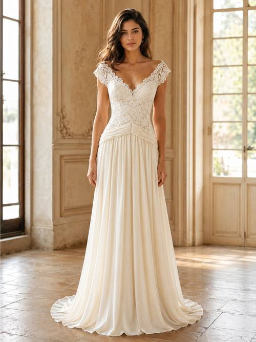 Women S Chiffon Wedding Dress Off Shoulder V Neck Cap Sleeve A Line Bridal Gown Ruched Waist Formal Prom Evening Maxi Dress