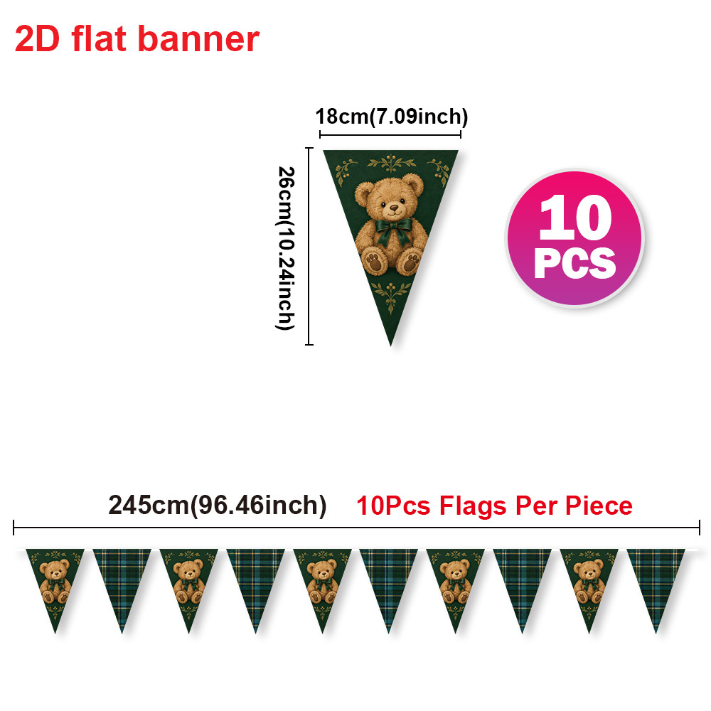 TEMU Bannière 2D Plate - Bannière 2D Plate - Bannière Triangulaire Ours en Peluche 2D Plate, Drapeau Ours à Nœud à Carreaux Vert Foncé Rétro,