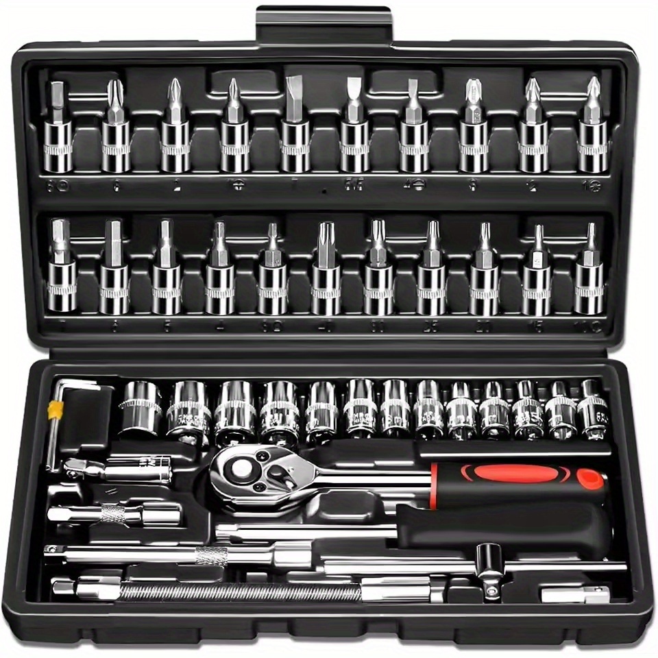 Juego de 46 piezas de dados de 1/4" con llave de carraca, extensiones y llave de torsión - Construcción metálica duradera, ideal para reparaciones automotrices, de bicicletas, motocicletas e industriales - Incluye estuche organizador, kit de herramientas automotrices | Juego profesional de herramientas | Construcción resistente, juego de dados