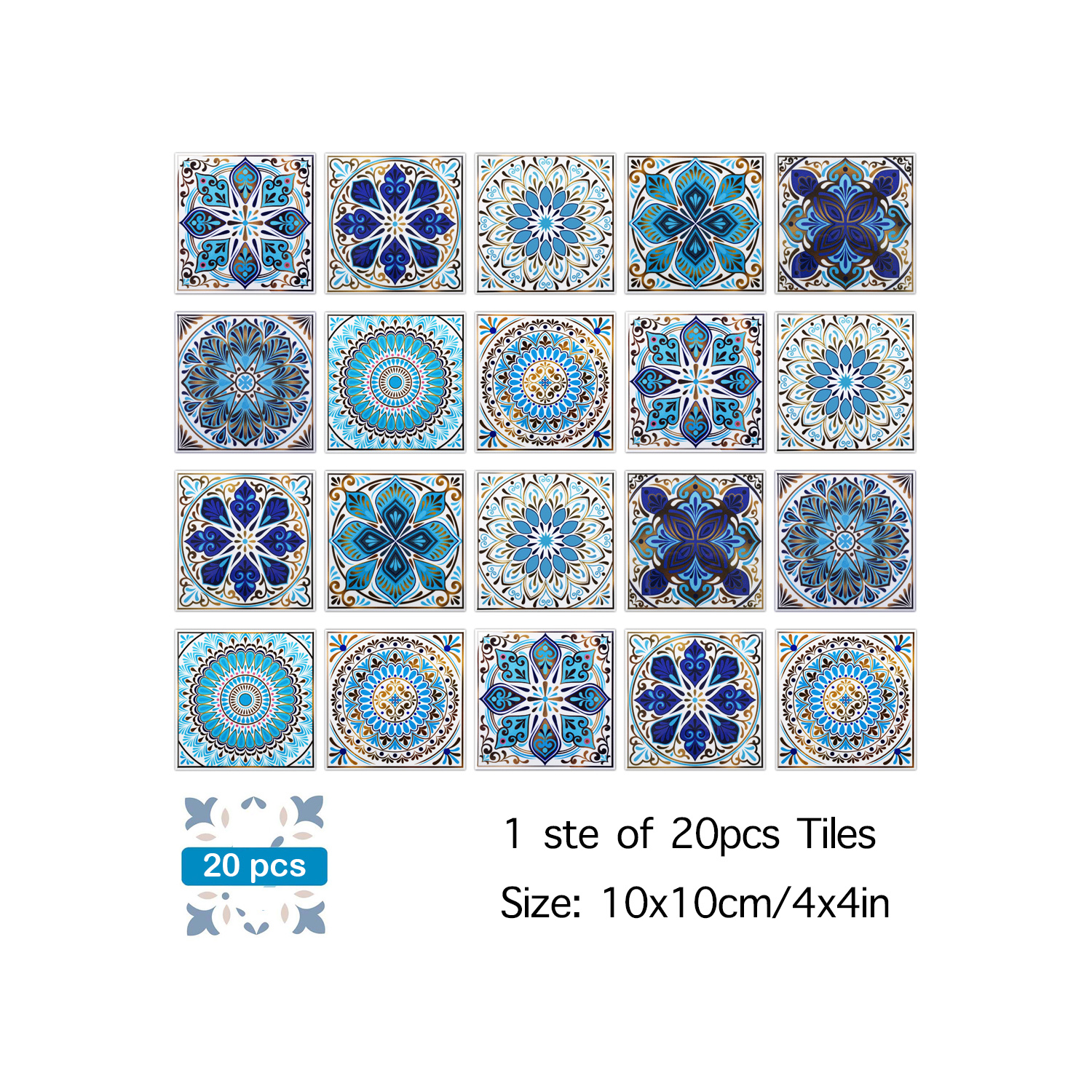 TEMU 20pcs Blue Mandala Self-adhesive Wall Sticker, Kitchen Tile Sticker, Waterproof Living Room Kitchen Bedroom Wall Sticker, Vinyl Wall Sticker, Home Wall Decoration, 4x4 Inches