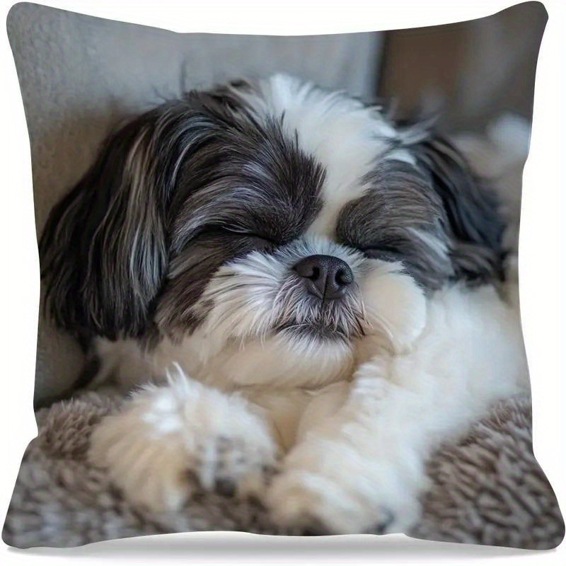 TEMU 1pc Short Plush Pillow Cover With Cute Black And Design - Comfortable , Machine Washable, Zipper Closure, Single-sided Print, For Sofa And Home