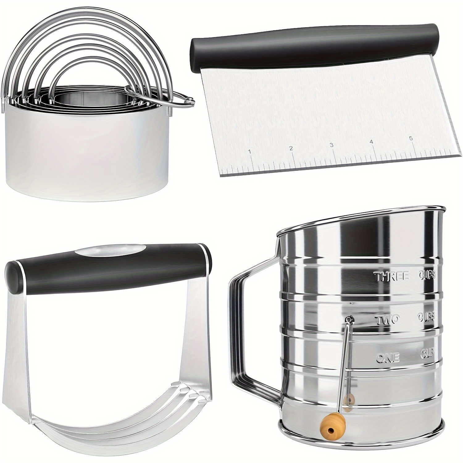 TEMU 8pcs Stainless Steel Cookie Cutter Set, Flour Sifter, Pastry Scraper And Dough Mixer, Durable With Ergonomic Rubber Handle, Professional Baking Tools, Baking Kit, Baking Accessories
