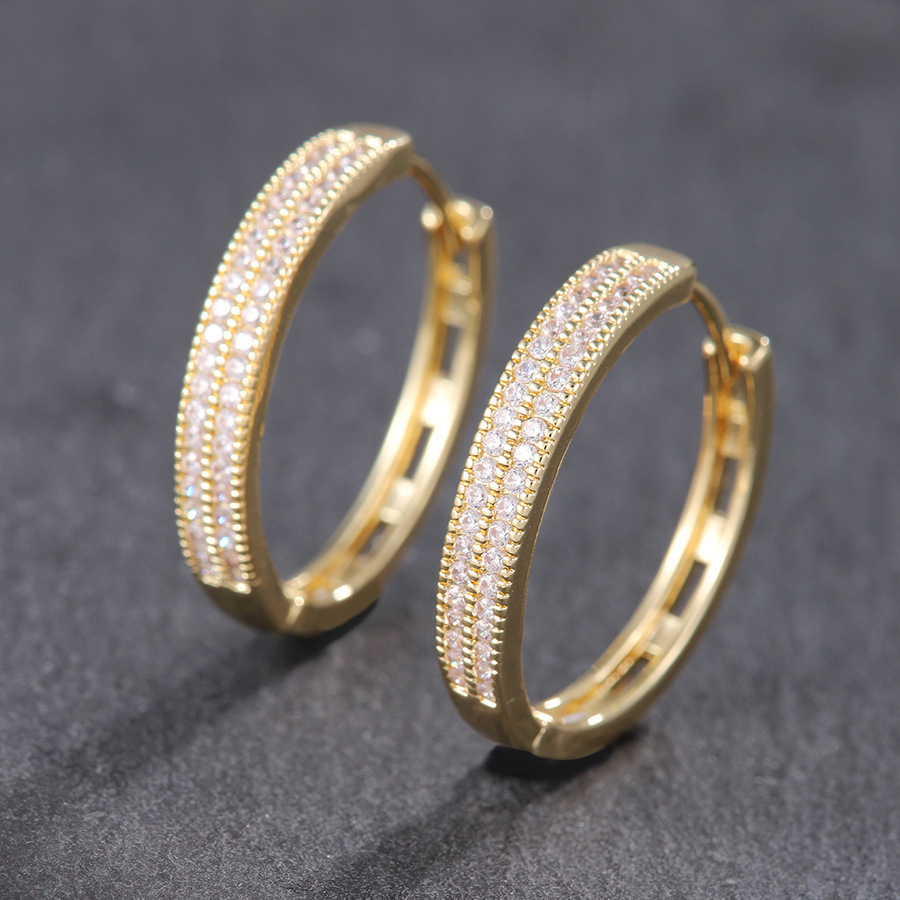 Image of Golden Hoop Earrings With Double - Row Synthetic Zirconia Embellishments - Shiny And Trendy Jewelry