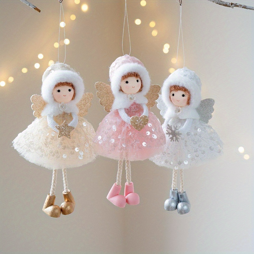 TEMU 3pcs Christmas Mesh Plush Hat Angel Big Eyes Holding Peach Pendant, Decoration, Birthday, Christmas, New Year, Party Scene Atmosphere Pendant