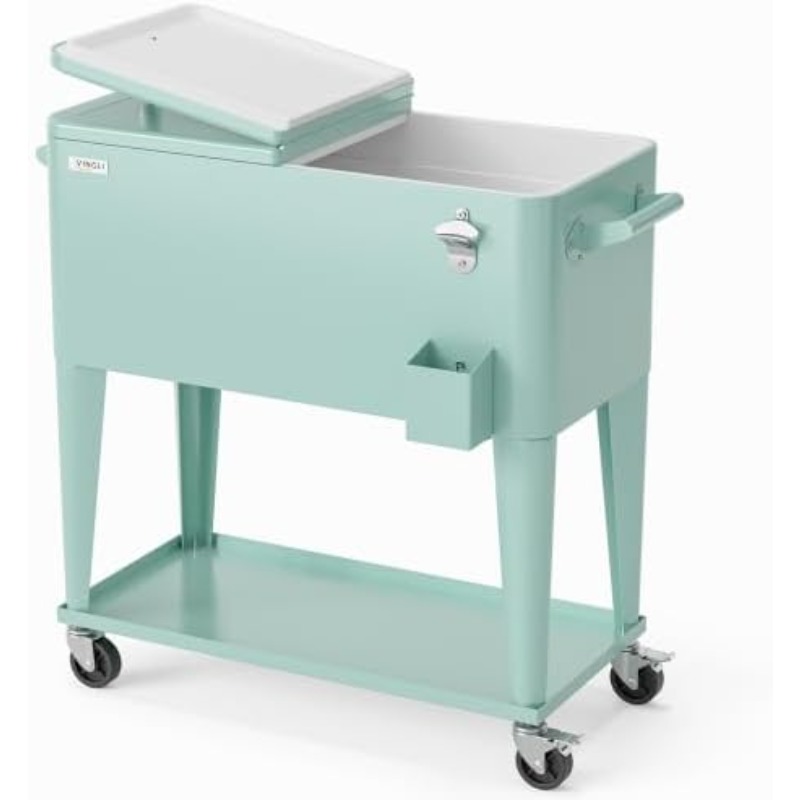 Image of Bonnlo 76 L Rolling Cooler | Outdoor Or Camping Fridge With Bottle Opener, Cap Catcher, Refrigerated Cart For Patio, Garden, Terrace, Mint Green
