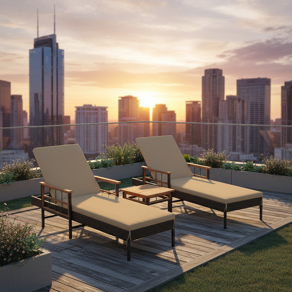 outdoor patio chaise lounge pe rattan sun lounger with adjustable 5 position backrest soft cushions and acacia wood armrests   poolside garden backyard and deck