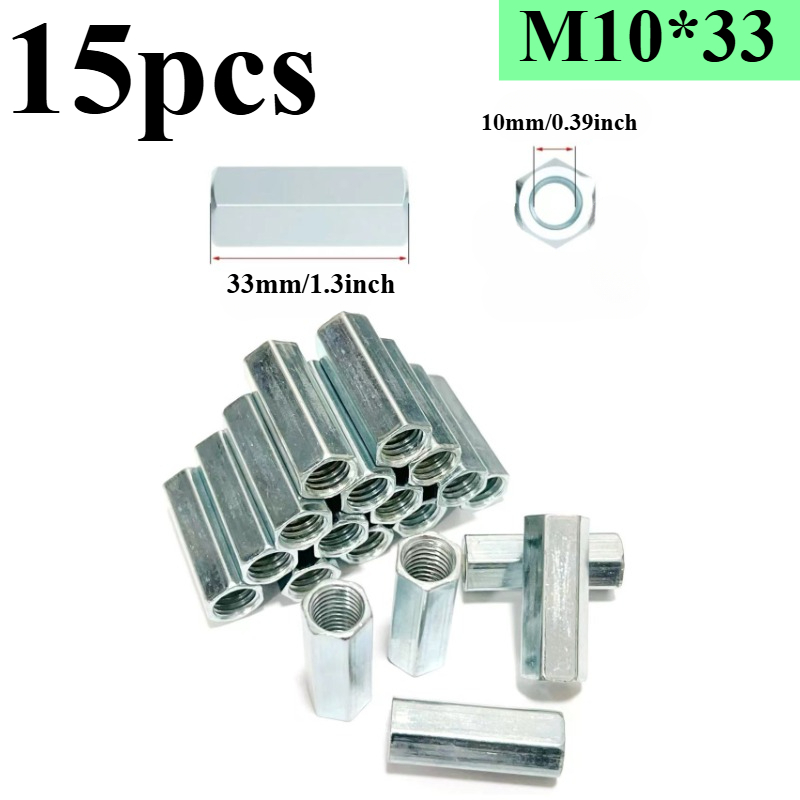 15pcs Galvanized Connecting Nuts, Hex Connecting Nuts, Threaded Connecting Nuts, M6/m8/10 Sizes Galvanized Hex Socket Nuts Threaded Connecting Home Industrial Etc