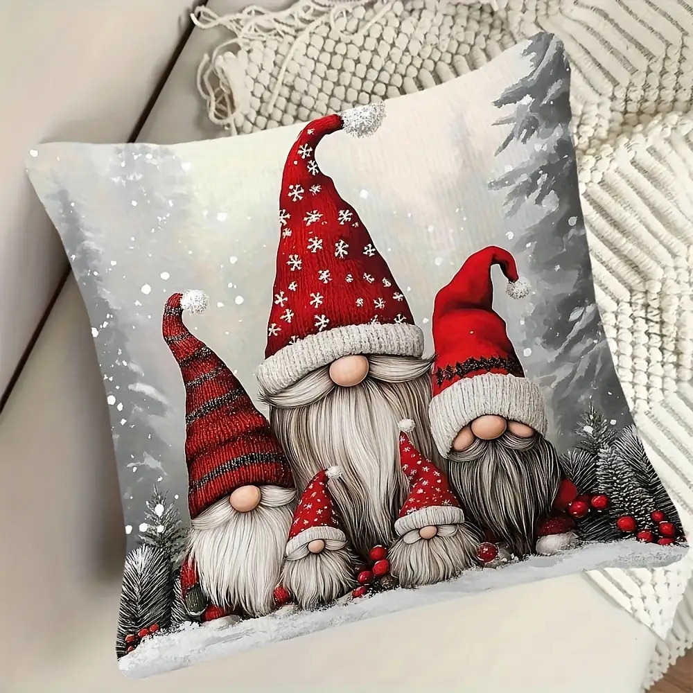TEMU Housse de Coussin Gnome de Noël Plat 2D Double Face 1pc, Décoration Vintage avec Fermeture Éclair, Décor de Canapé Lit Gris, Lavable en Machine,