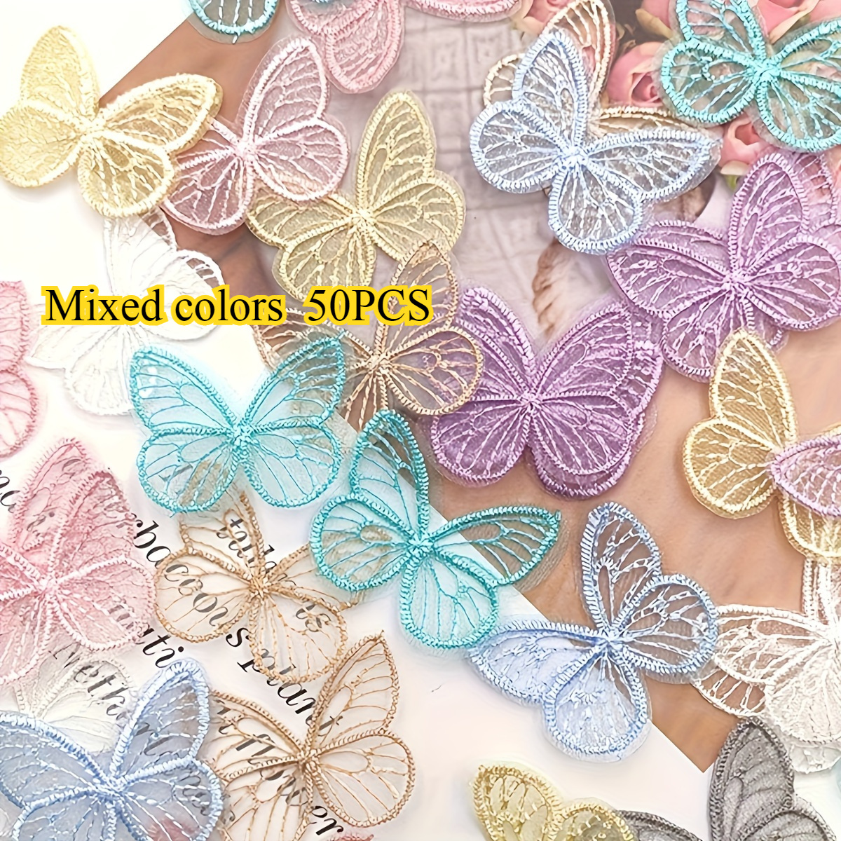 E-shop 50 Stück elegante, bestickte Schmetterling-Aufkleber, mehrfarbige Organza-Verzierungen, geeignet für Haarspangen, handgemachte Patches,
