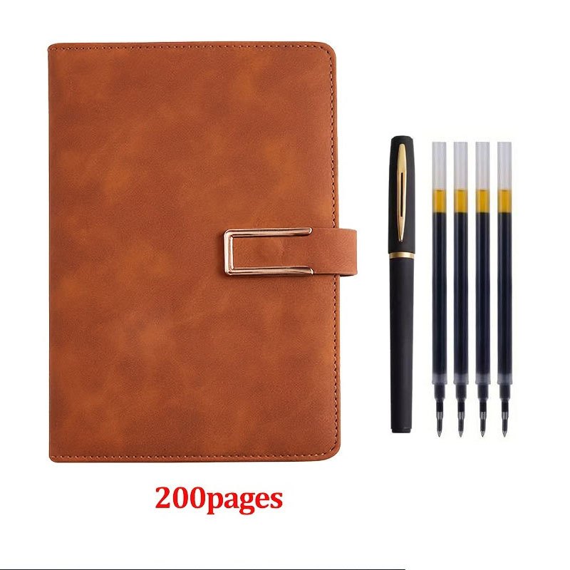 TEMU 6pcs Set Include A Vintage A5 Leather Notebook And A Black And Pens And 4 Refills, 200 Pages With Leather Cover, Featuring A Softcover And