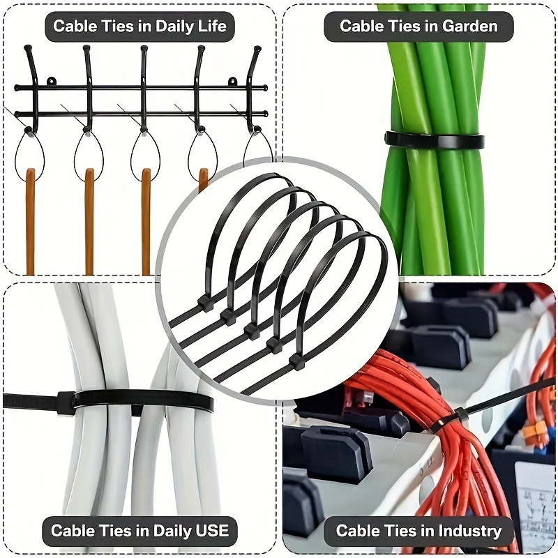300pcs 10.16/15.24/20.32 cm Black Nylon Zip Ties, Adjustable Self-locking Zip Ties, Waterproof and Anti Slip, Fixing and Bundling Zip Ties, Suitable for Outdoor Cables, Gardening and Household Multi-purpose Bundling