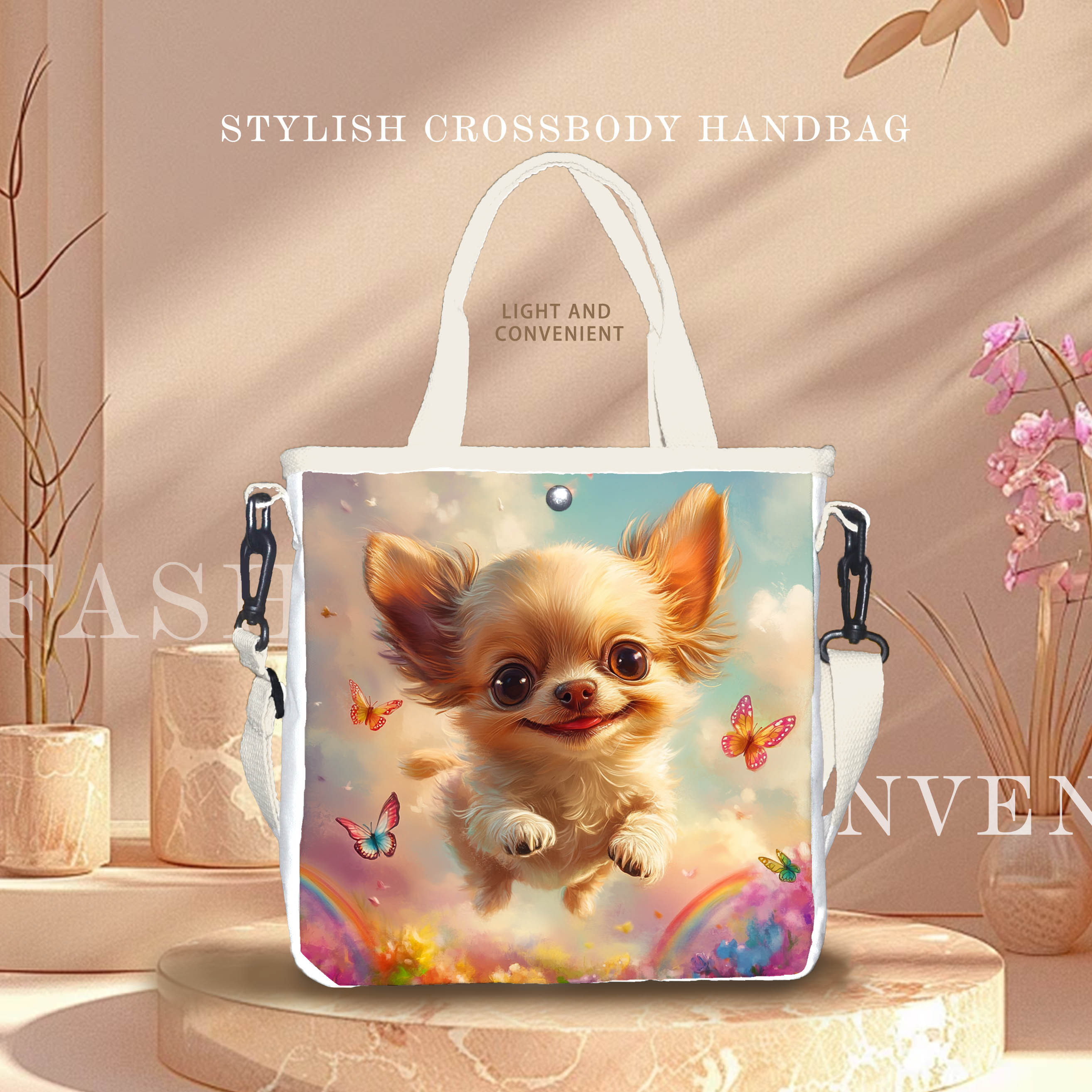 

1pc Chihuahua Print Polyester Canvas Tote Bag, With Adjustable Strap, Detachable Shoulder Crossbody Handbag For