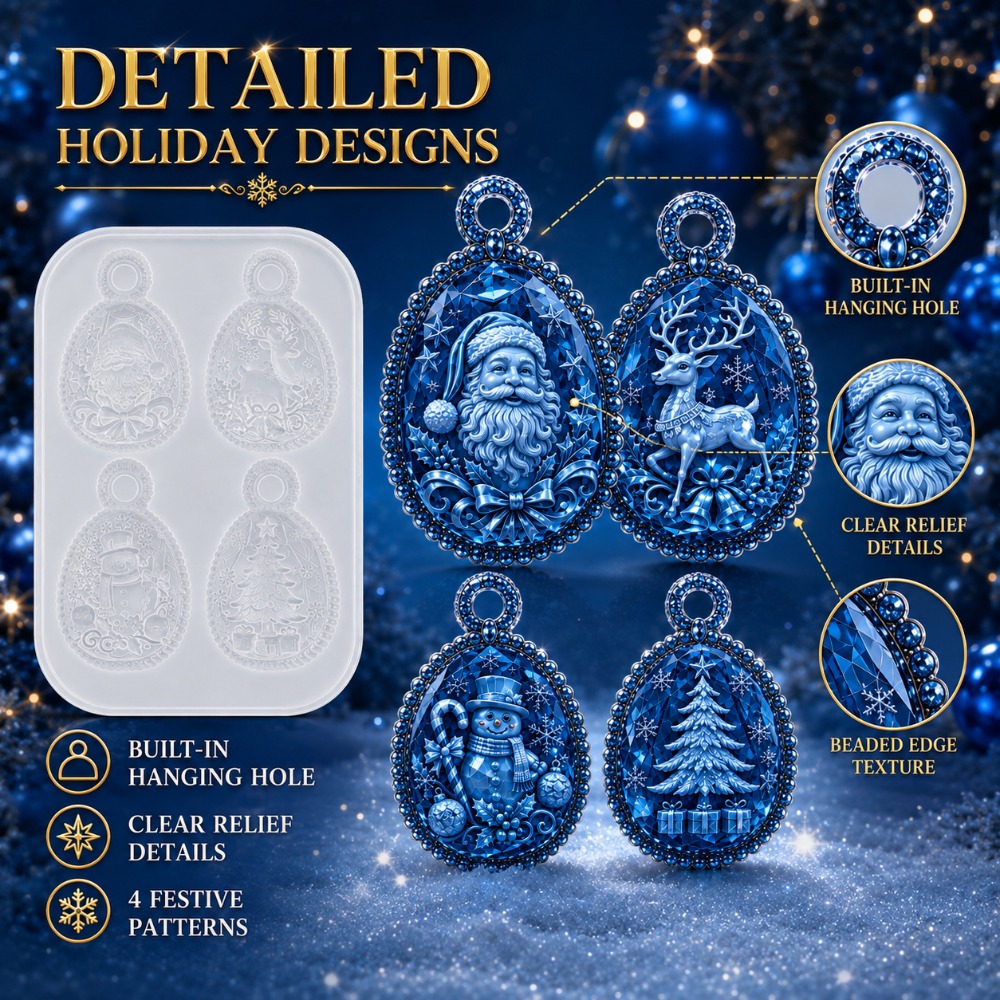 TEMU Resin Silicone Mold, Christmas Ornament Silicone Mold With Hanging Hole, 4-cavity Snowman Christmas Tree Pendant Casting Mold, Resin Craft Mold