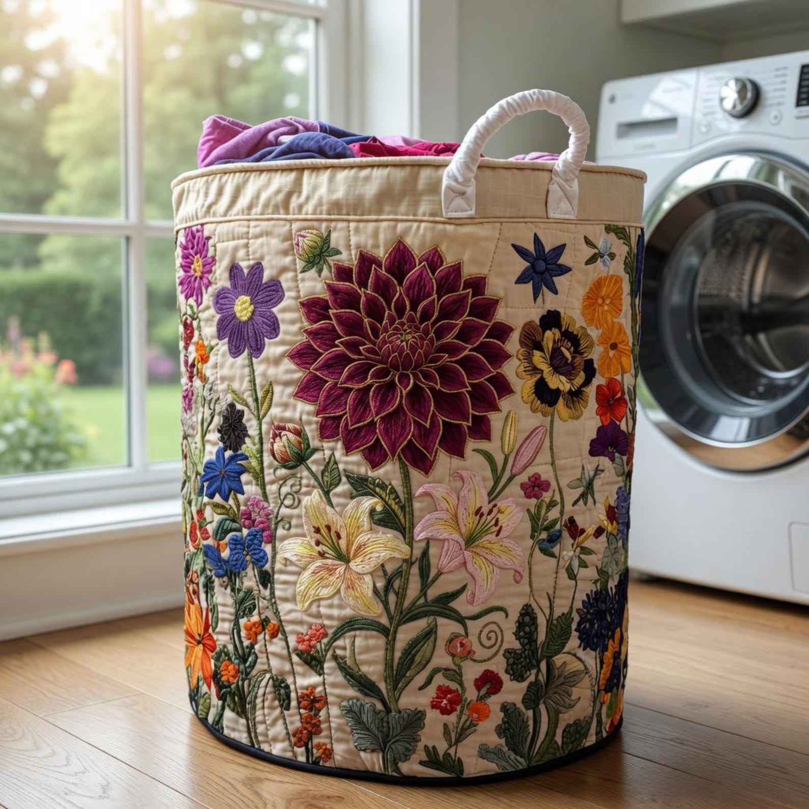 Image of Floral Quilted Laundry Basket, Large Capacity Fabric Storage Bin, Home Decor Gift Basket, Shelf Baskets