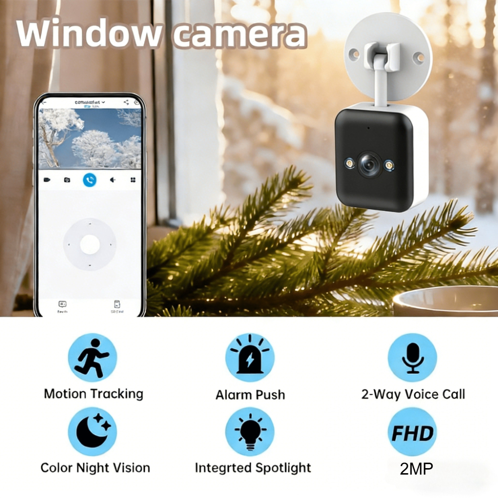 TEMU Caméra de sécurité intelligente JOOAN à fixation sur fenêtre avec suivi de mouvement + notifications d'alarme, vision en couleur + audio