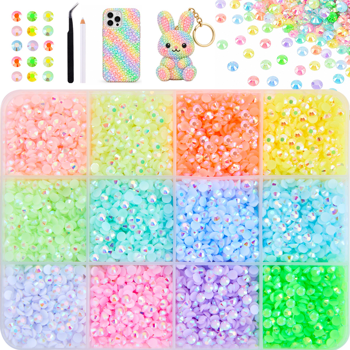 TEMU Diy Rhinestone Craft Kit With 12-compartment Storage Box & Ab Iridescent Rhinestones Suitable For Nail Art, Tumbler Decor, Phone Case Decoration