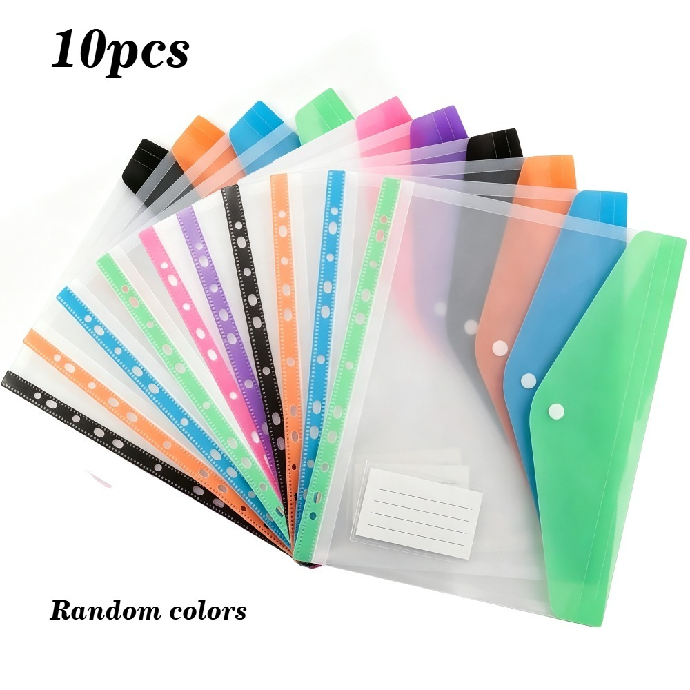 TEMU Arxr 10pcs A4 Expandable Clear Plastic File Pouches, Snap Lock Folders Slots, Fit 3/4/5 Hole Ring Binders, Random Colors Multipurpose Paper