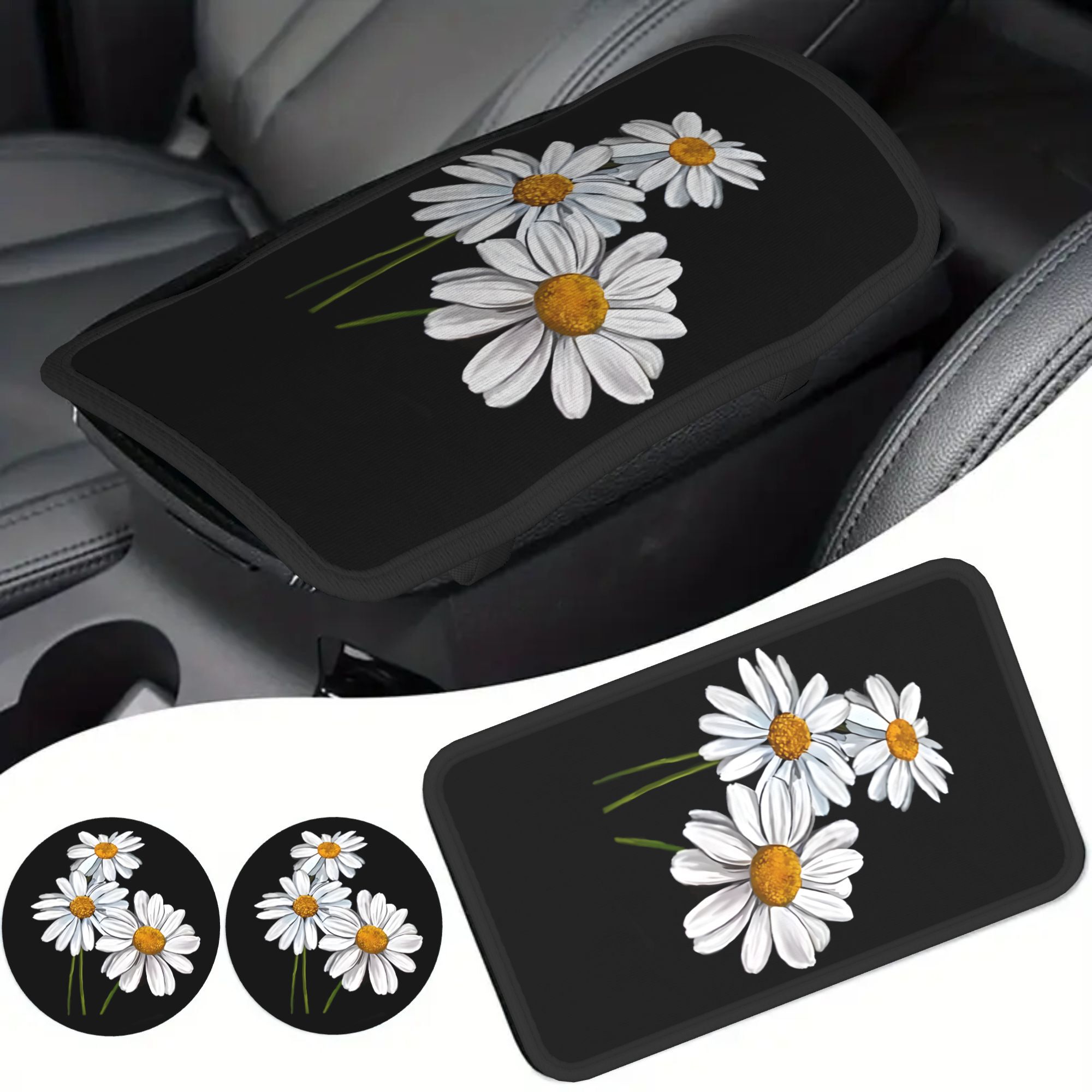TEMU Ensemble de de marguerite blanches pour housse d'accoudoir de voiture et dessous-de-verre (comprend 1 housse d'accoudoir et 2 dessous-de-verre),