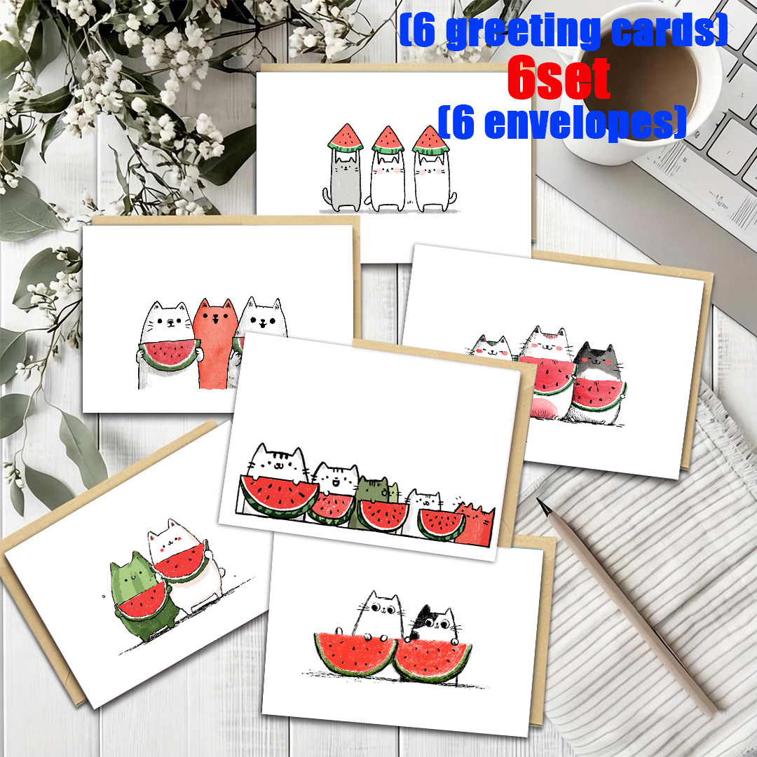 TEMU 6-set/12-set Cat And Watermelon Greeting Cards + Envelope Set | Blank Inner Pages | Suitable For Holidays, Parties, Event Invitations | For