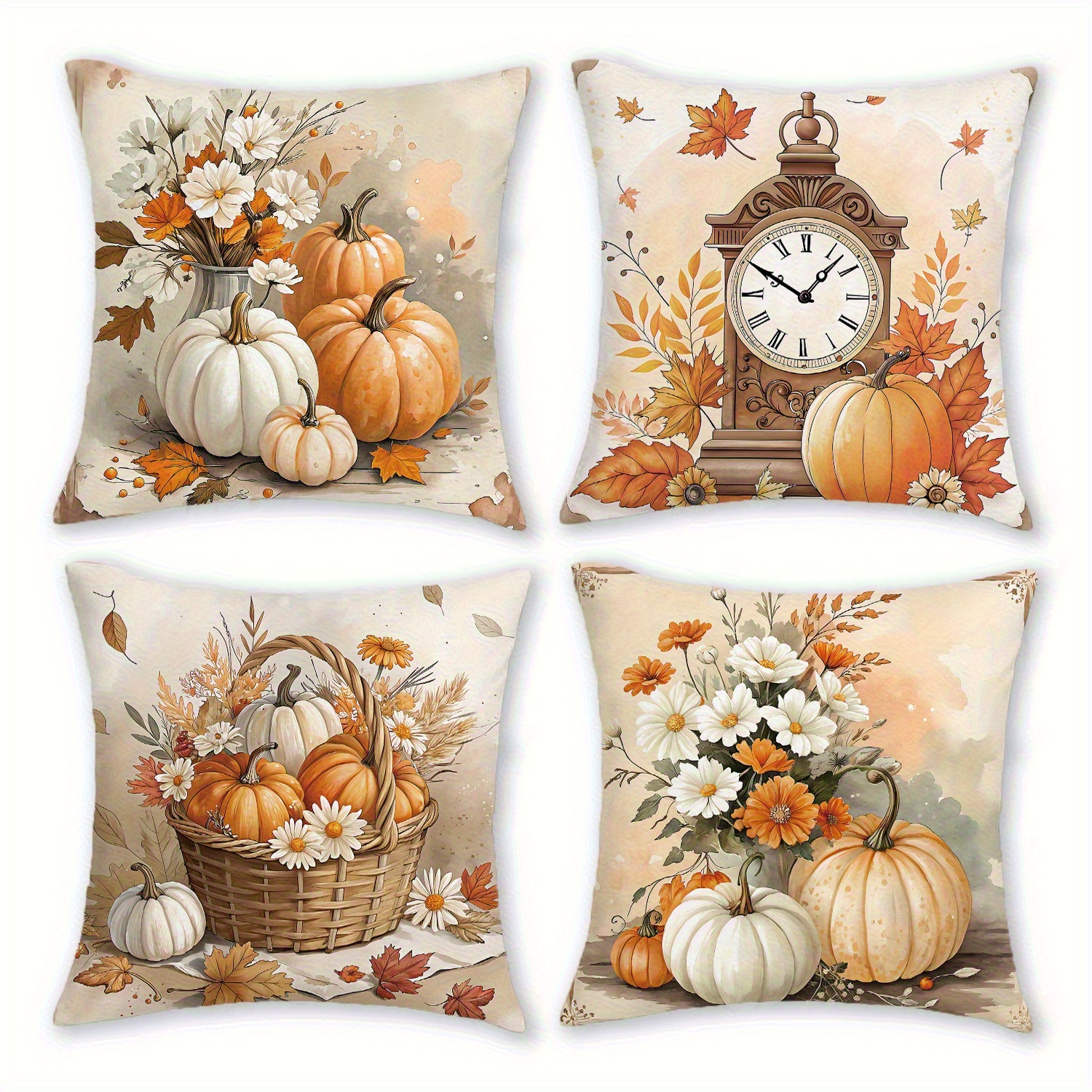 TEMU Autumn Country Style Pillow Covers, Set Of 4, Featuring Pumpkin , Daisy Flowers, Floral Bouquets, , Vintage Clocks, And Basket Designs, 45cm X