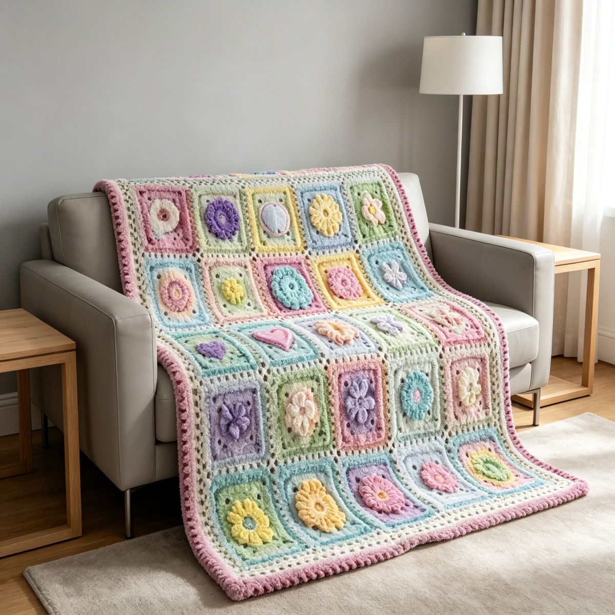 TEMU 1pc Printed Flannel Blanket Colored Flowers Heart-shaped Crocheted Squares Comfortable And Soft, Warm And Anti-lint Balls, Machine Washable,