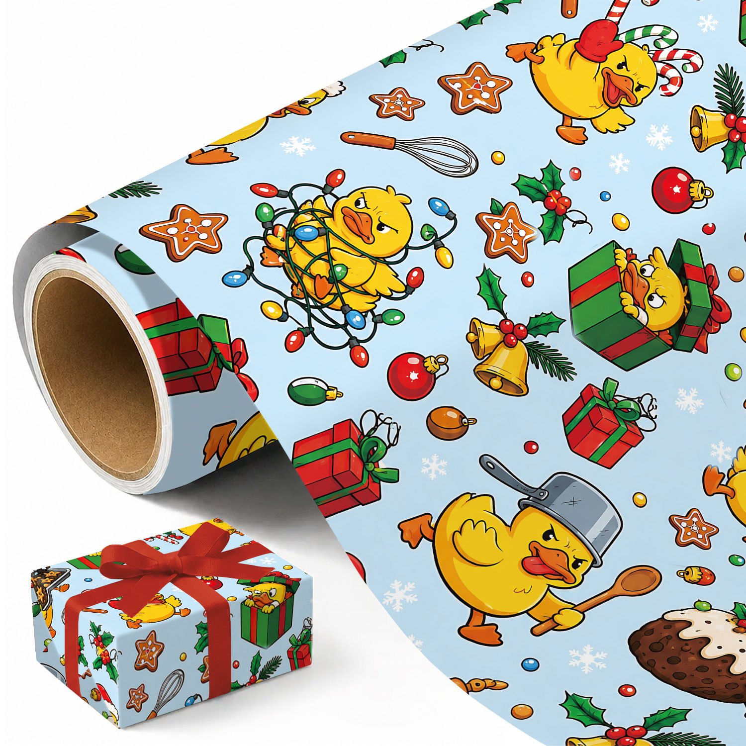 TEMU 1 Rouleau de Noël Drôle, Papier d'Emballage de Cadeau et Ludique de Dessin Animé avec Canards en Caoutchouc Jaunes, Chapeaux de Père Noël,
