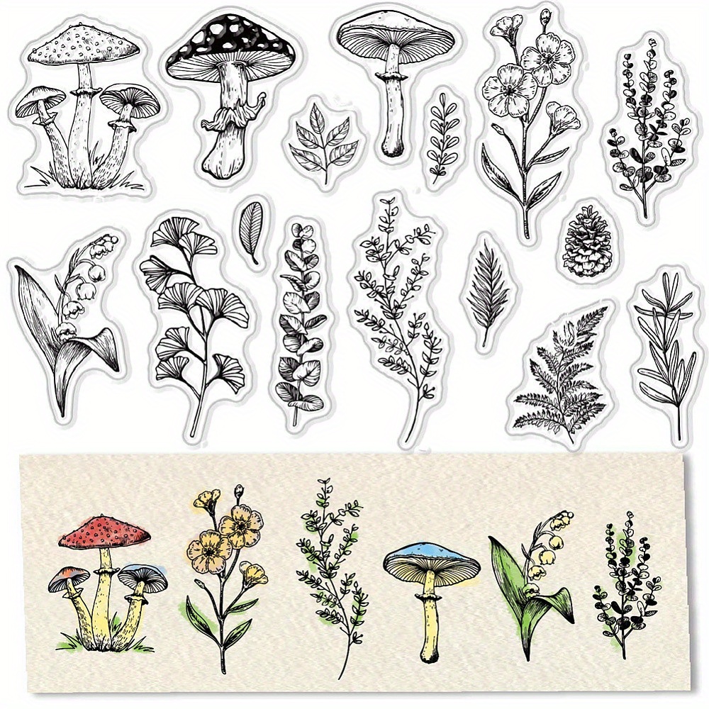 TEMU 1 hoja de sellos transparentes con diseño de hongos para decoración, suministros de scrapbooking y tarjetas. Sellos de piñas e imágenes florales
