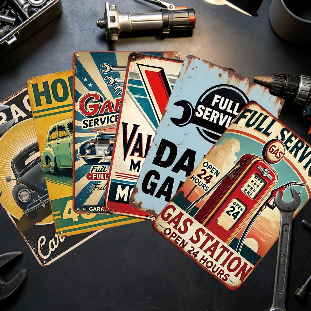 TEMU 2d Flat 6pcs Vintage Metal Sign Set - Retro Garage And For Man Cave Decor, Classic Oil And Gas Station Posters, Perfect For Walls 8x12 Inches