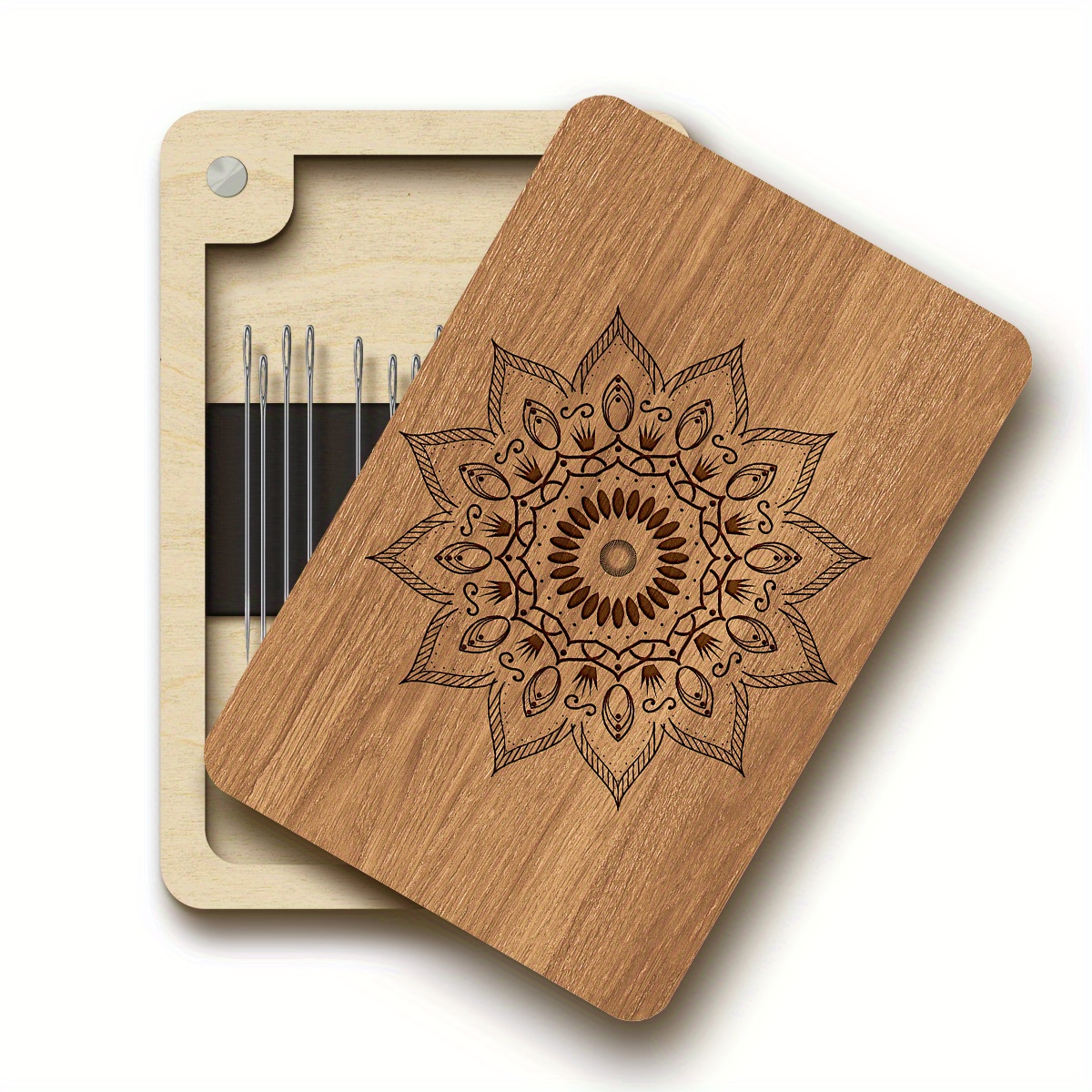 TEMU 1 Cojín Magnético para Alfileres con de Almacenamiento para Coser - de Madera con Mandala y Cierre Magnético, Organizador de Agujas Decorativo y