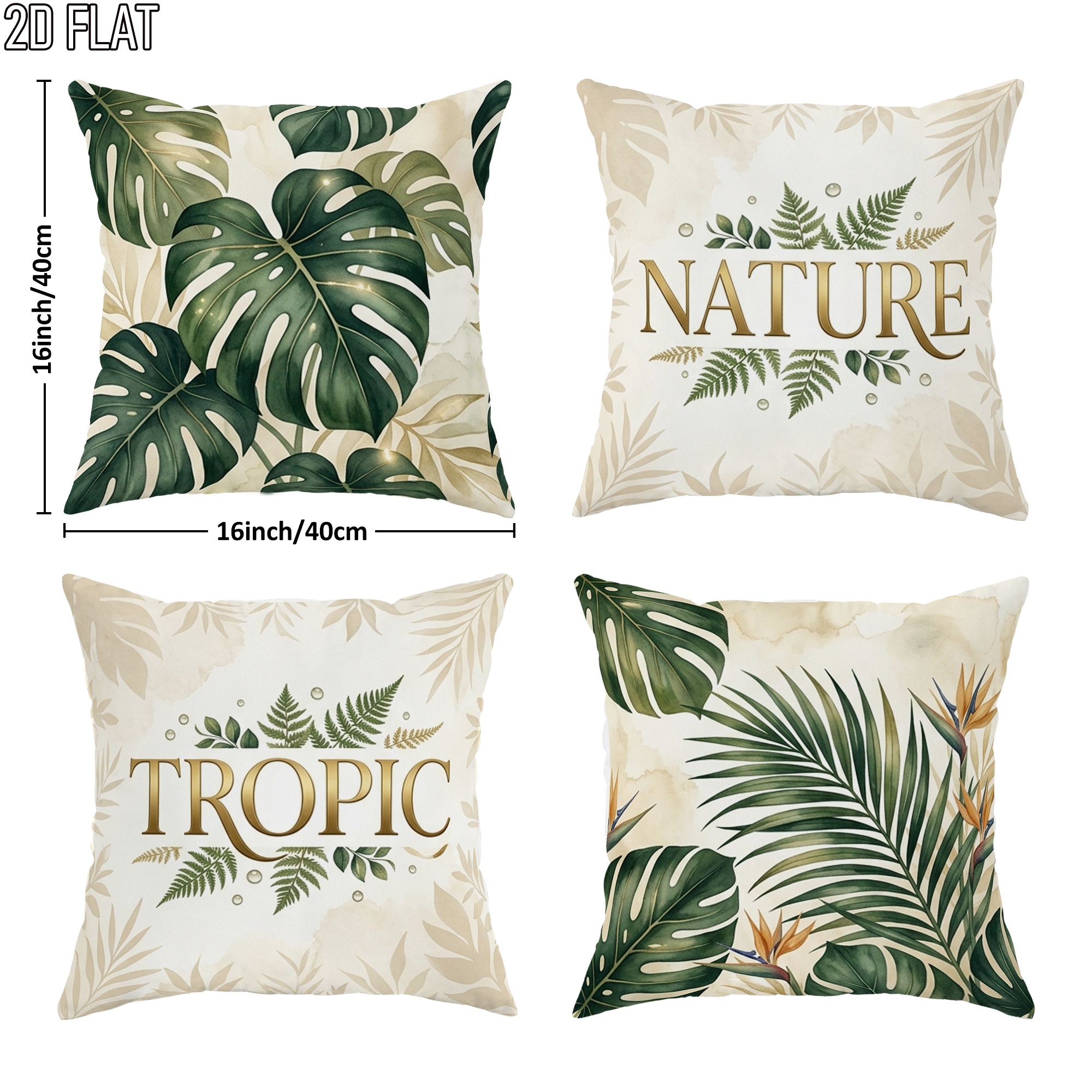TEMU Lot de 4 housses de coussin à palmiers - Housses à imprimé Monstera et palmier pour canapé-lit, housses à fermeture éclair vert et beige pour