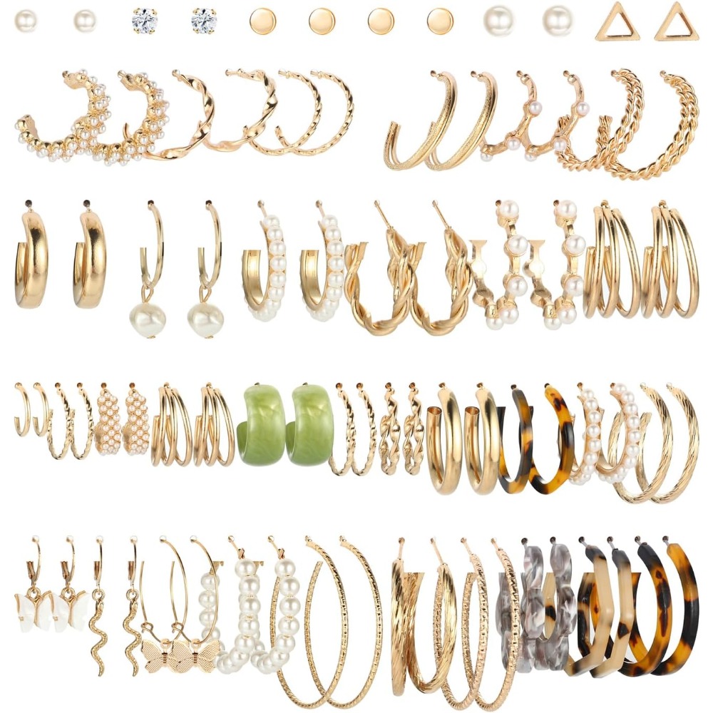 38 Pairs Earrings Set Boho Drop Dangle Earrings Pack Fashion Artificial Pearl Multipack Statement Earrings Bulk Acrylic Hoop Earrings Gift