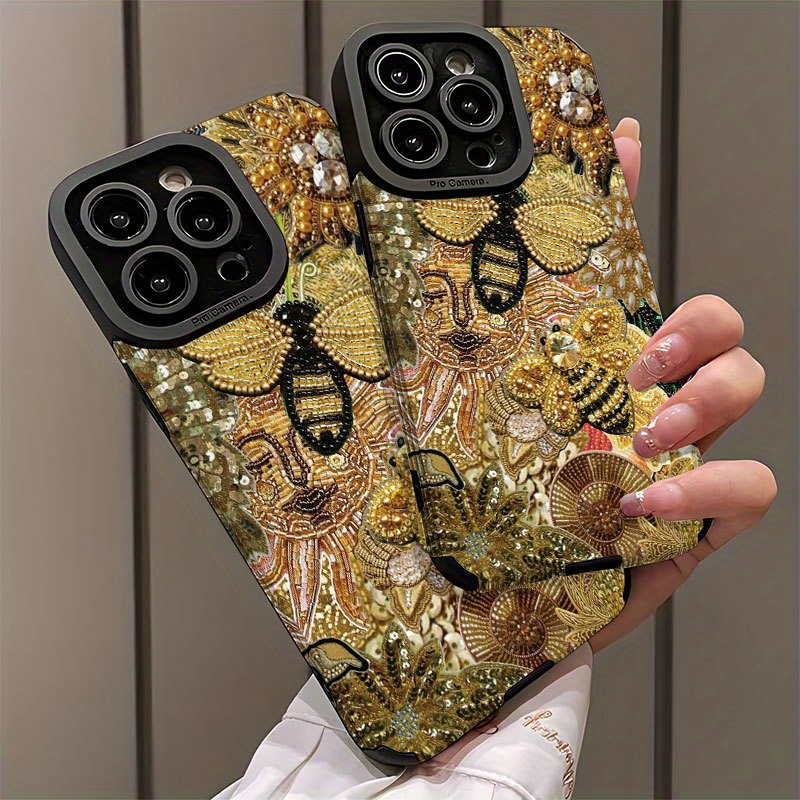 Golden Bee Floral Pattern Personalized Phone Case for Iphone 16/Iphone 16 Pro/Iphone 16 Plus/Iphone 16 Pro Max/Iphone 15/15 Plus/15 Pro/15 Pro Max, Iphone 14/14 Plus/14 Pro/14 Pro Max, Iphone 13/13 Pro/13 Pro Max, Iphone 12/12 Pro/12 Pro Max, Iphone 11/11 Pro/11 Pro Max, Dirt-Resistant, Shockproof, And