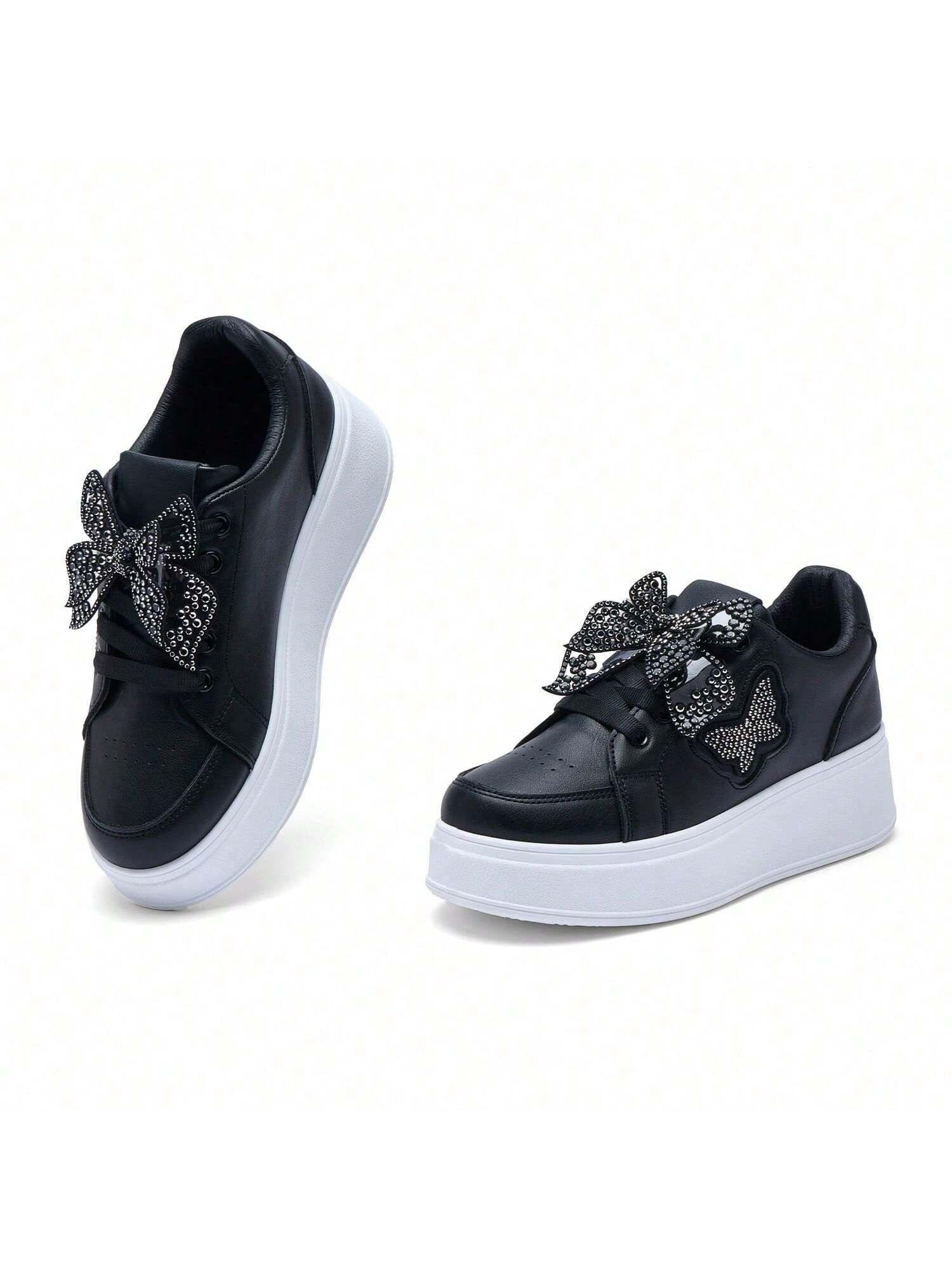Dames Hoogteverhogende Platform Sneakers met Rhinestone Vlinder & Klittenbandsluiting - Lichtgewicht Veterschoenen Geschikt voor Feesten, Bruiloften, Casual Kleding, Lage Ronde Neus, Dames Schoenen