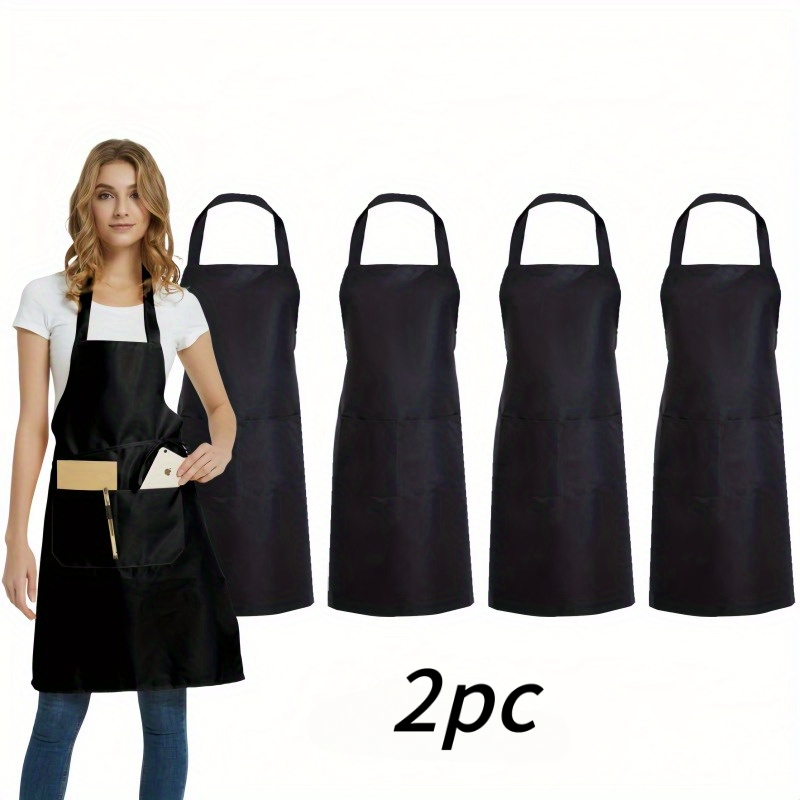 TEMU 2pcs Solid Adjustable Kitchen Aprons, Durable Polyester Fiber, With Pockets, Suitable For Cooking, Bbq And Salon Use, Heavy-duty Polyester