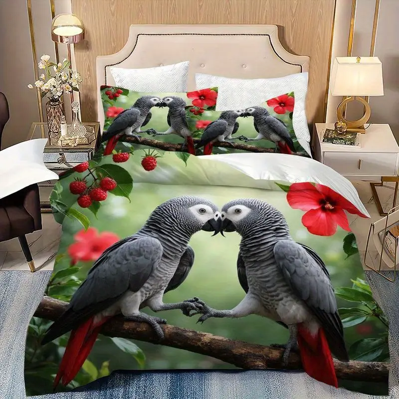 3pcs parrot duvet , bedding, romantic couples print, soft brushed microfiber for bedroom home decor 1 duvet +2 pillowcases, king size duvet , duvet set, bedding s, bedding comforter sets, bedroom decor, cozy bedroom, couple print, , textile, brushed fabric, pillowcase set, comforter set, couples gift, , quality bedding set, set, king size bed Product details 10