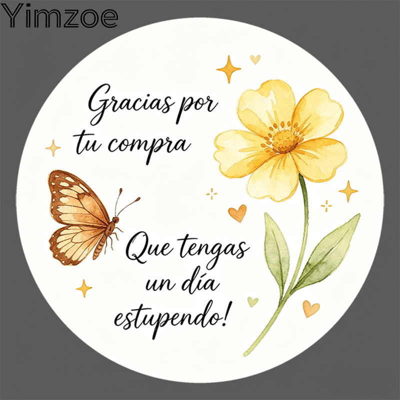 TEMU Yimzoe Stickers Redondos de Agradecimiento por - con texto "¡Gracias Compra Que Tengas Un Día !", Diseño de Flor Amarilla y en Acuarela,