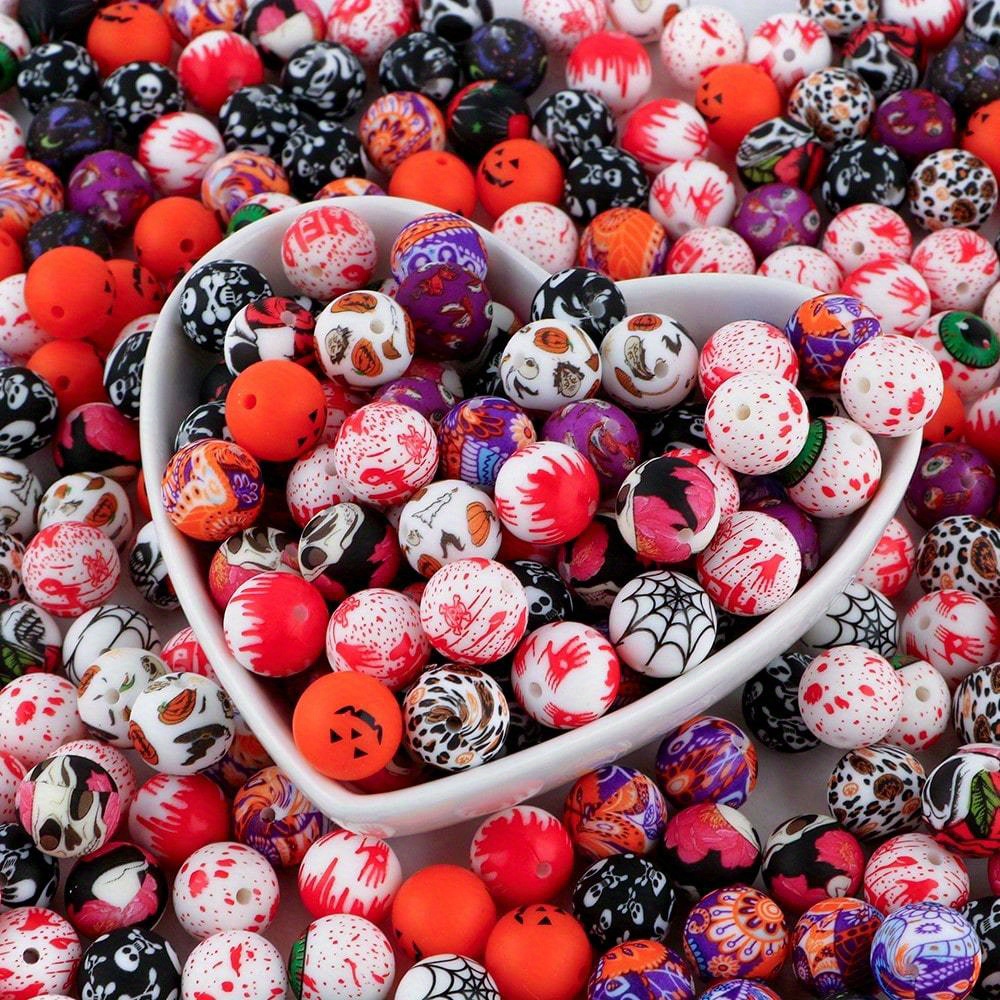 TEMU 30pcs Halloween Theme Printing Silicone Beads, Various Printing Patterns Mixed , , Pumpkin And Other Patterns, Suitable For Making, Keychain,
