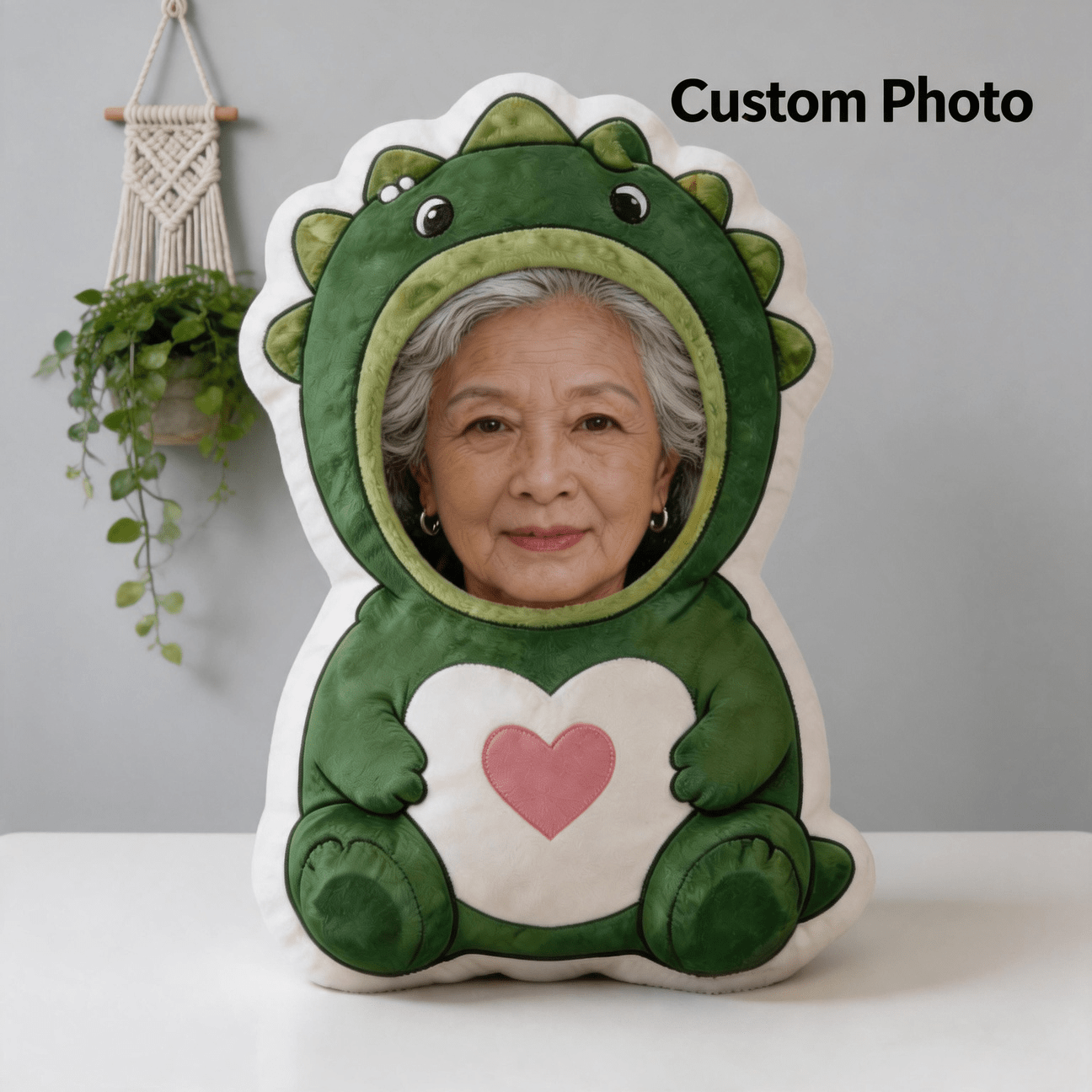 custom personalized photo face pillow green dinosaur character custom shaped decorative cushion with double sided printing 60cm large size home decor accent pillow for sofa bedroom unique gift for adults   birthday gift mothers day