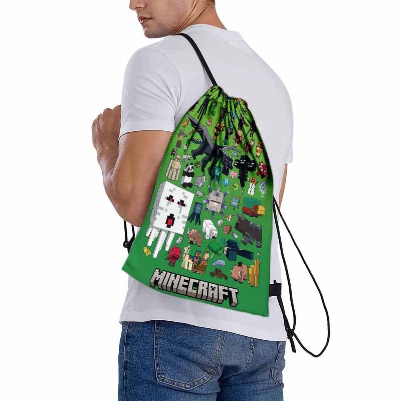 TEMU 1pc Backpack With Official Characters - Durable Oxford Softshell, Drawstring Closure, Multiple Pockets - Green With & Items (creeper, Zombie) -