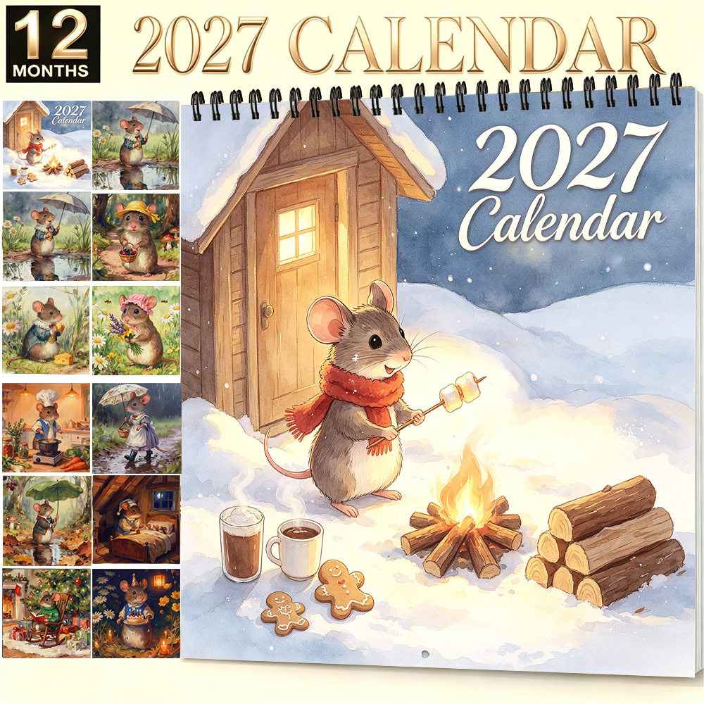 TEMU 1pc 2027 Watercolor Mouse Wall Calendar - Winter Snow Scene Suitable For Home Office Decor, 8.3x83 Inch Hanging Calendar With Monthly View, Cute