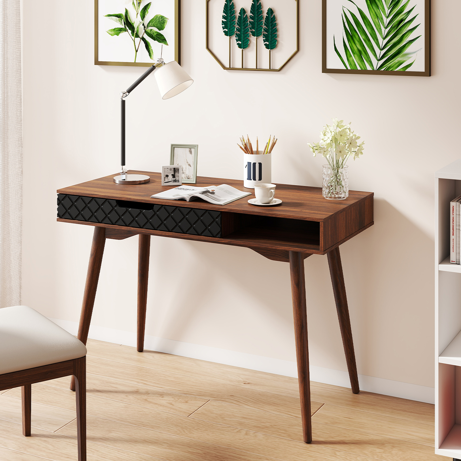 Mid-Century Modern Computer Desk | Home Office Desk with Drawer & Open Compartment, Laptop PC Desk with Rubber Wood Legs, Makeup Vanity Table, Vintage Writing Desk Workstation for Study, Bedroom, Brown Hardwood and Artificial Board, Freestanding