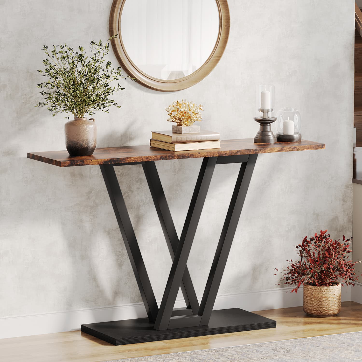Industrial Hallway Entrance Console Table, 110cm Narrow Sofa Side Table For Living Room, Stable Metal Frame, Rustic Brown, Easy Assembly