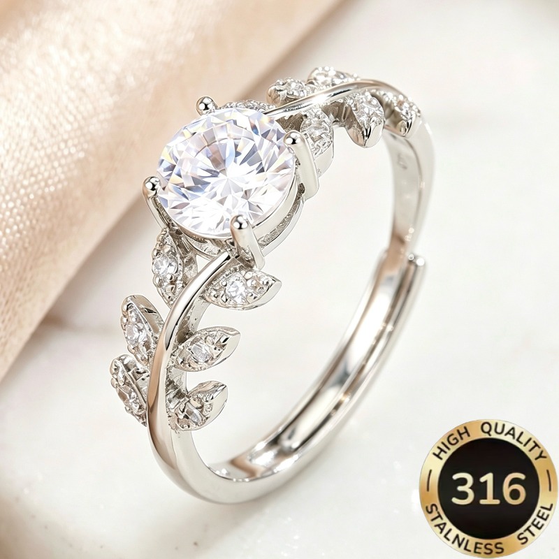 TEMU 1pc High Quality Open Adjustable Steel Hypoallergenic Light Luxury Sweet Elegant Double-sided Leaf Design With Round Synthetic Zirconia Ring