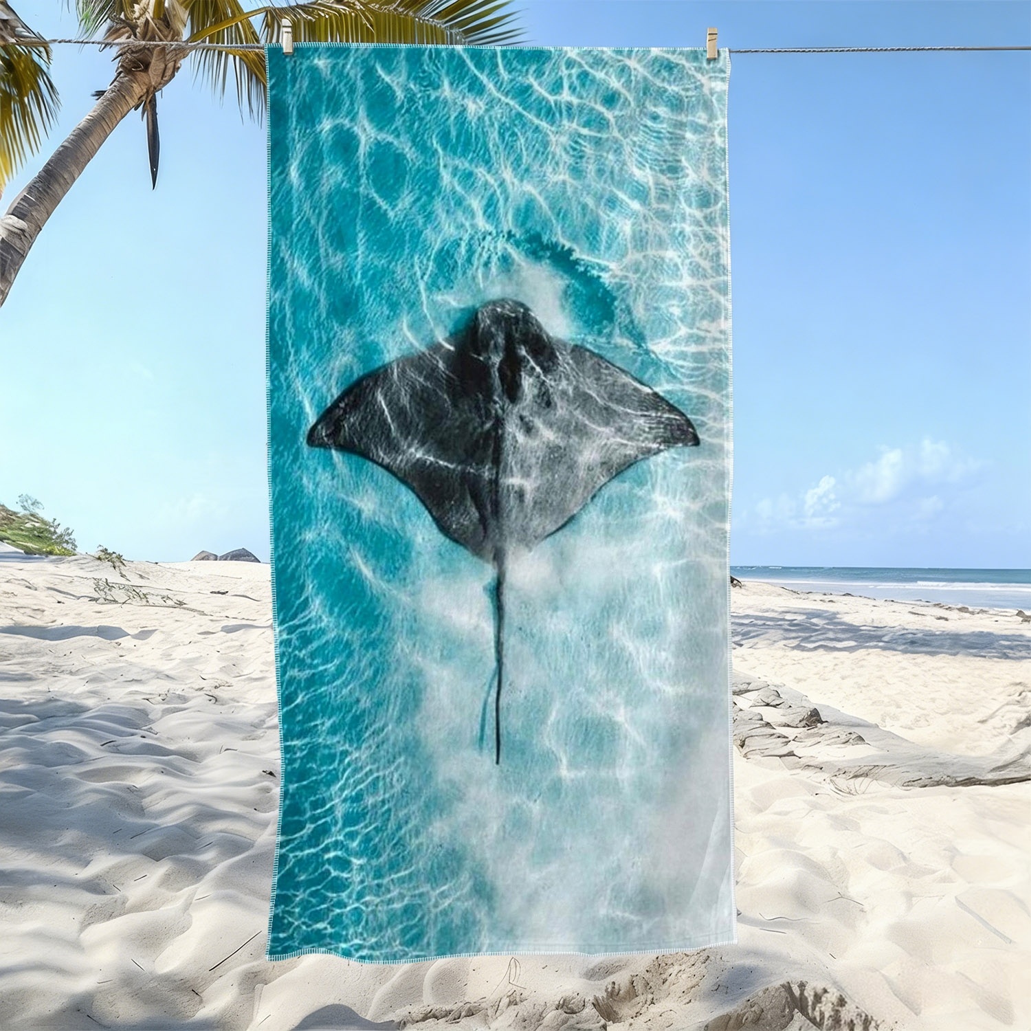 TEMU 1pc, Ray Pattern Soft Beach Towel, Realistic Print Design, Microfiber Bath Towel, Quick-dry And Ultra-absorbent, Suitable For Seaside Vacation
