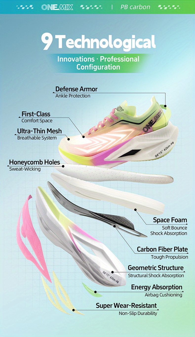 Sneakers, Lightweight Design Professional Carbon Plate Racing Running Shoes, Cushioned and Breathable, Full-sole Carbon Plate, Specialized for Marathon, Sprint, and Racing Training