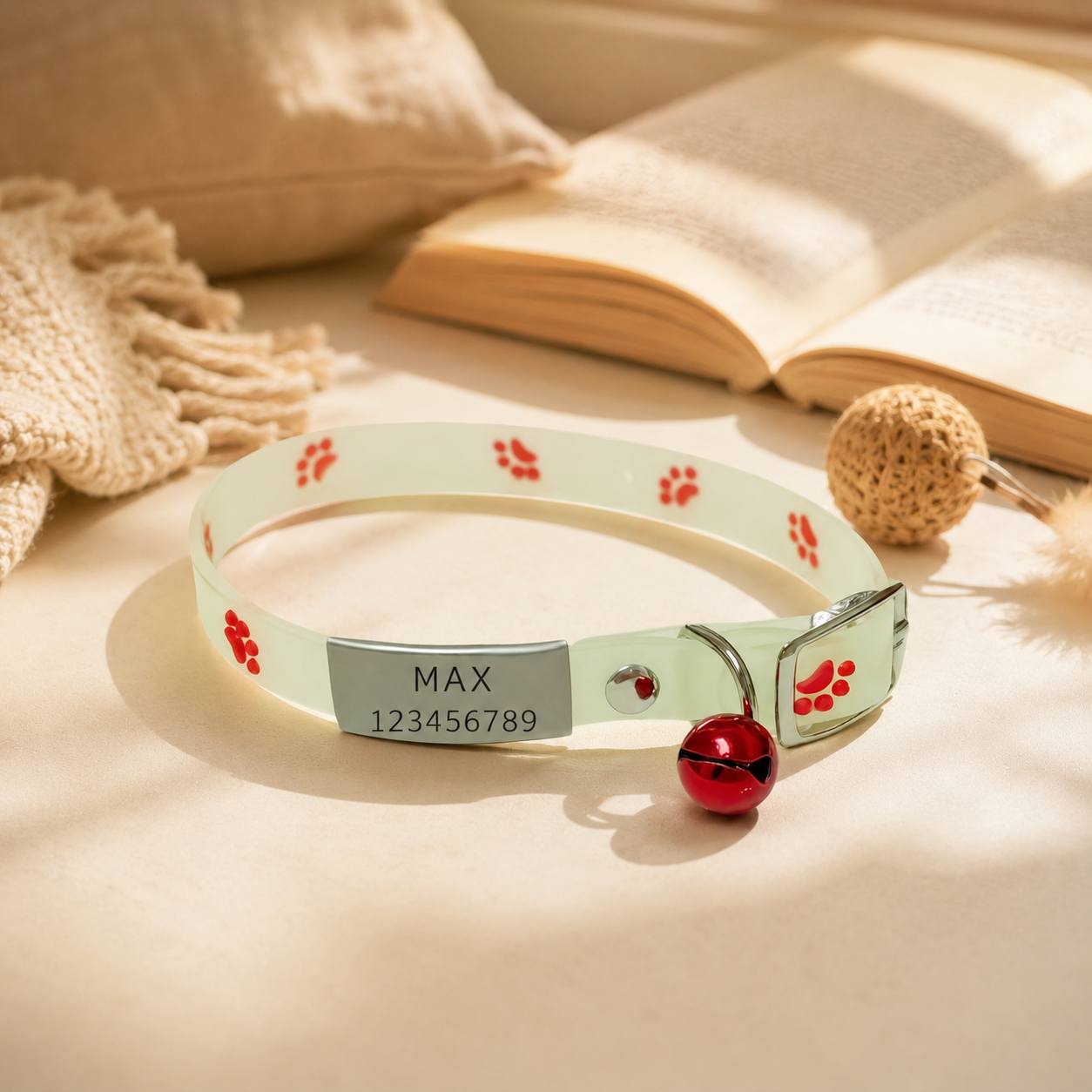TEMU [customized]cat Luminous Collar, Including 1 Collar+ 1 Bell, Luminous Collar, Luminous Collar With Paw Print Pattern, Nighttime Safety Anti-lost