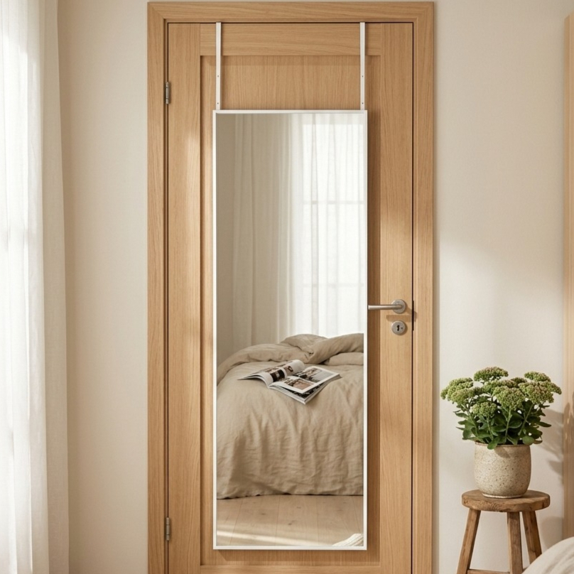 Image of Full Length Mirror Over The Door, Wall Mounted Full Body Mirror, Door Hanging Metal Aluminum Alloy Frame Dressing Mirror For Bedroom, Living Room, Entryway, White