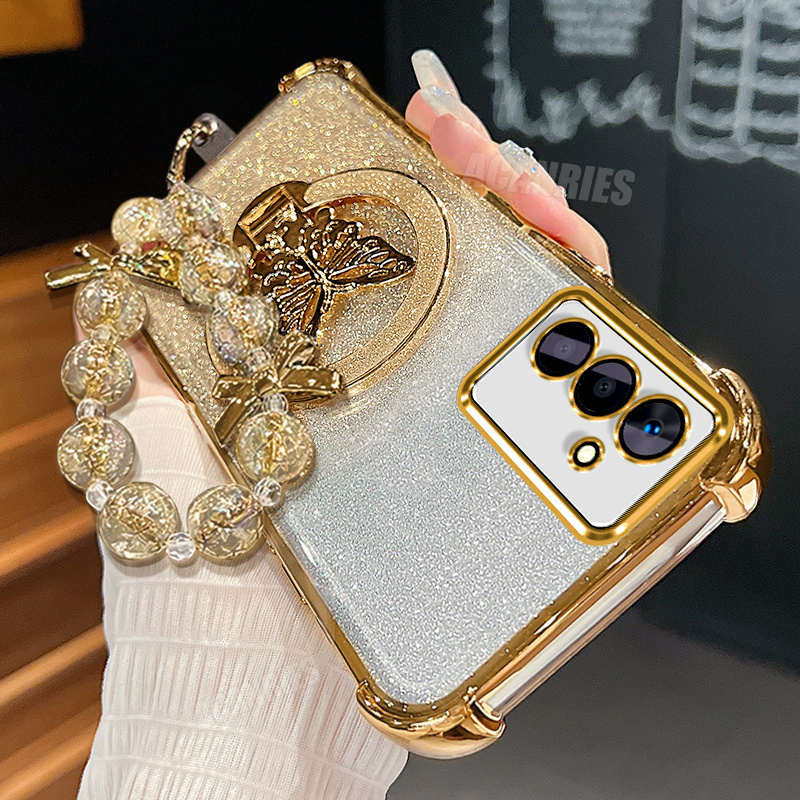 TEMU Phone Case - A 05s Luxury Glitter Bracket Folding Holder With Bead Lanyard Wrist Strap Chain And Gradient Plating Phone Case For For Galaxy A05s